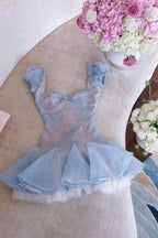 Lace Embroidery Puffy Mini Dress in Blue Avalabel