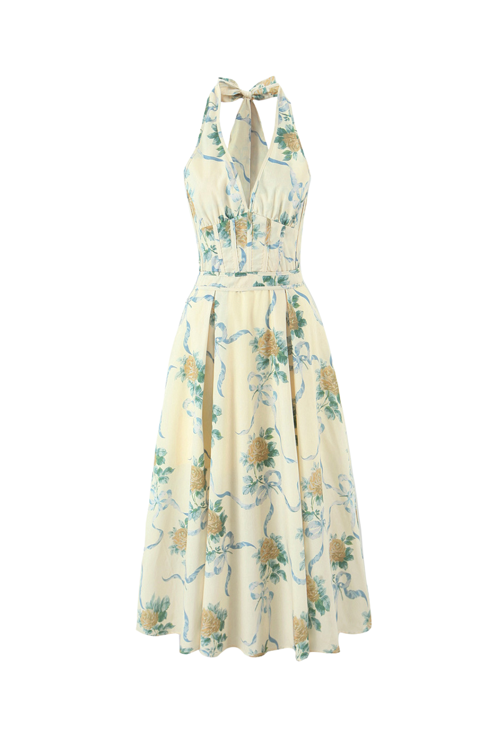 Deirdre Floral Print Deep V Neck Midi Dress in Yellow Avalabel