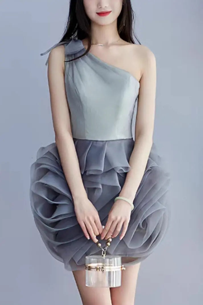ONE SHOULDER MESH MINI DRESS IN GREY Avalabel