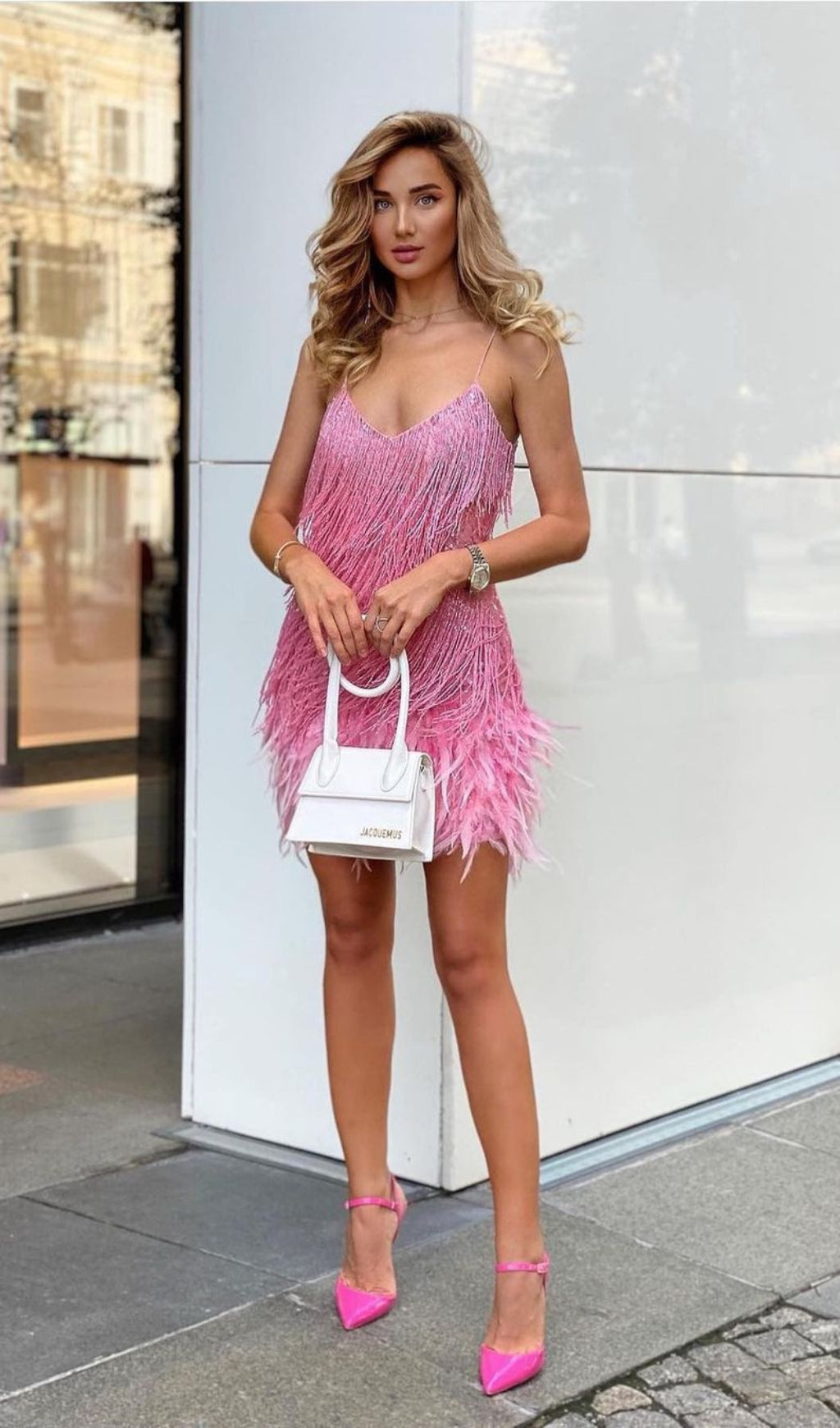 PINK TASSEL FEATHER MINI DRESS Avalabel