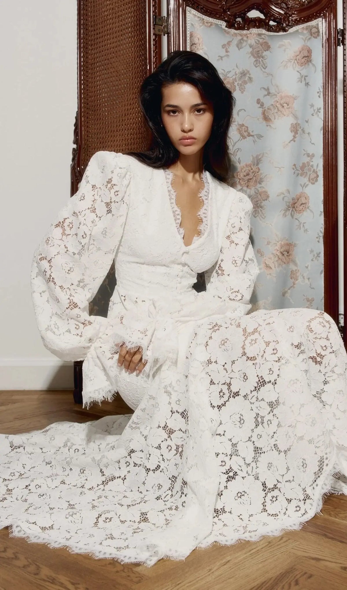 emily Lace Trimmed Puff Sleeved Top & Fishtail Skirt Set in white Avalabel