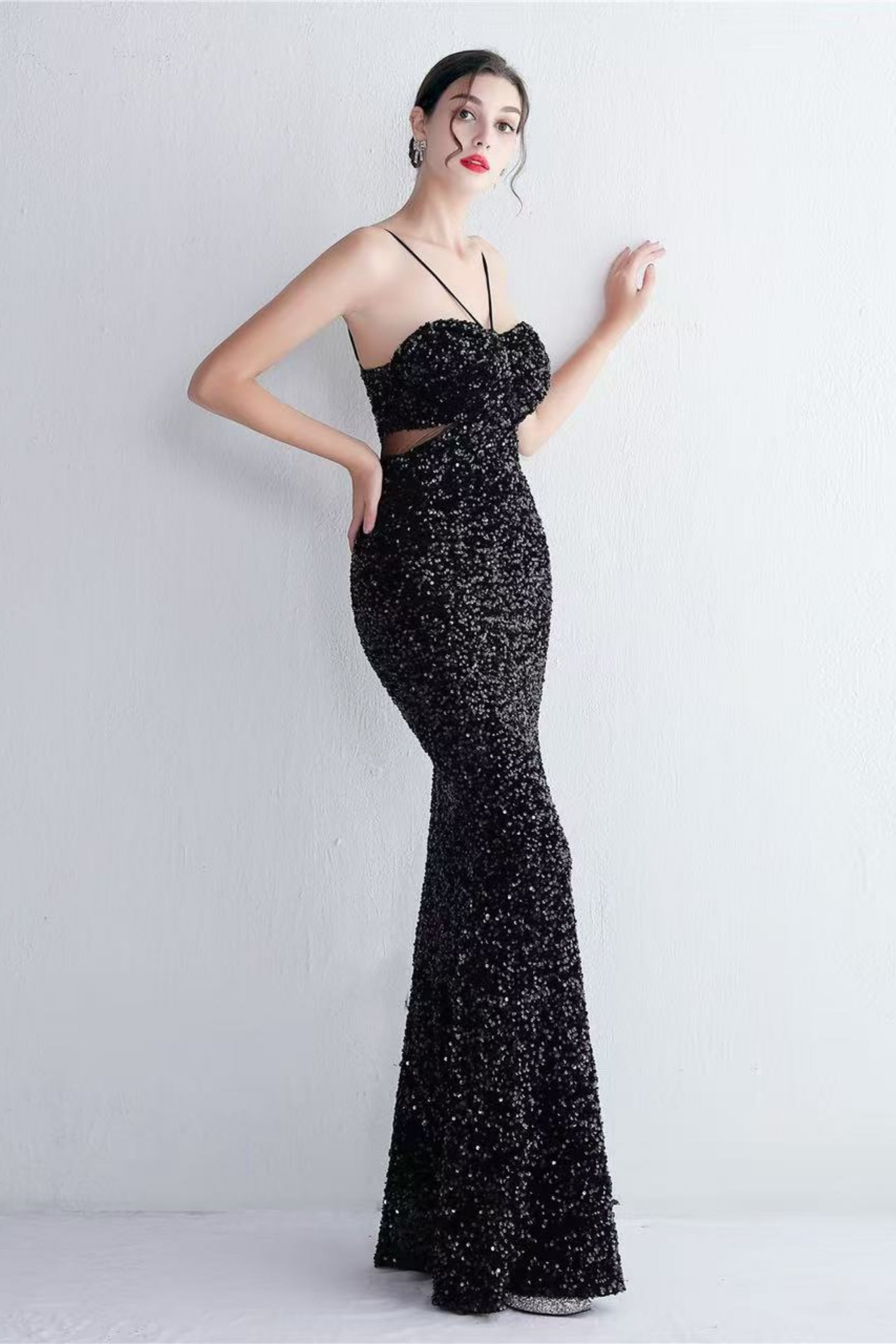 MARIAN BLACK CUTOUT SEQUINS HALTER MAXI DRESS Avalabel