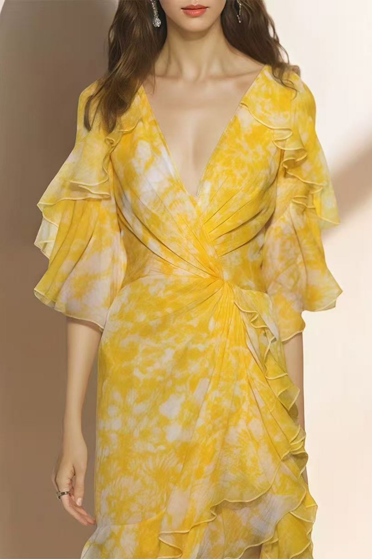 Lila Floral Ruffle V-neck Yellow Maxi Dress Avalabel