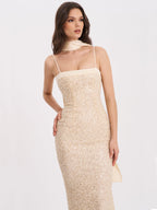 Raizel Gold Beaded Sequin Bodycon Gown with Scarf Avalabel