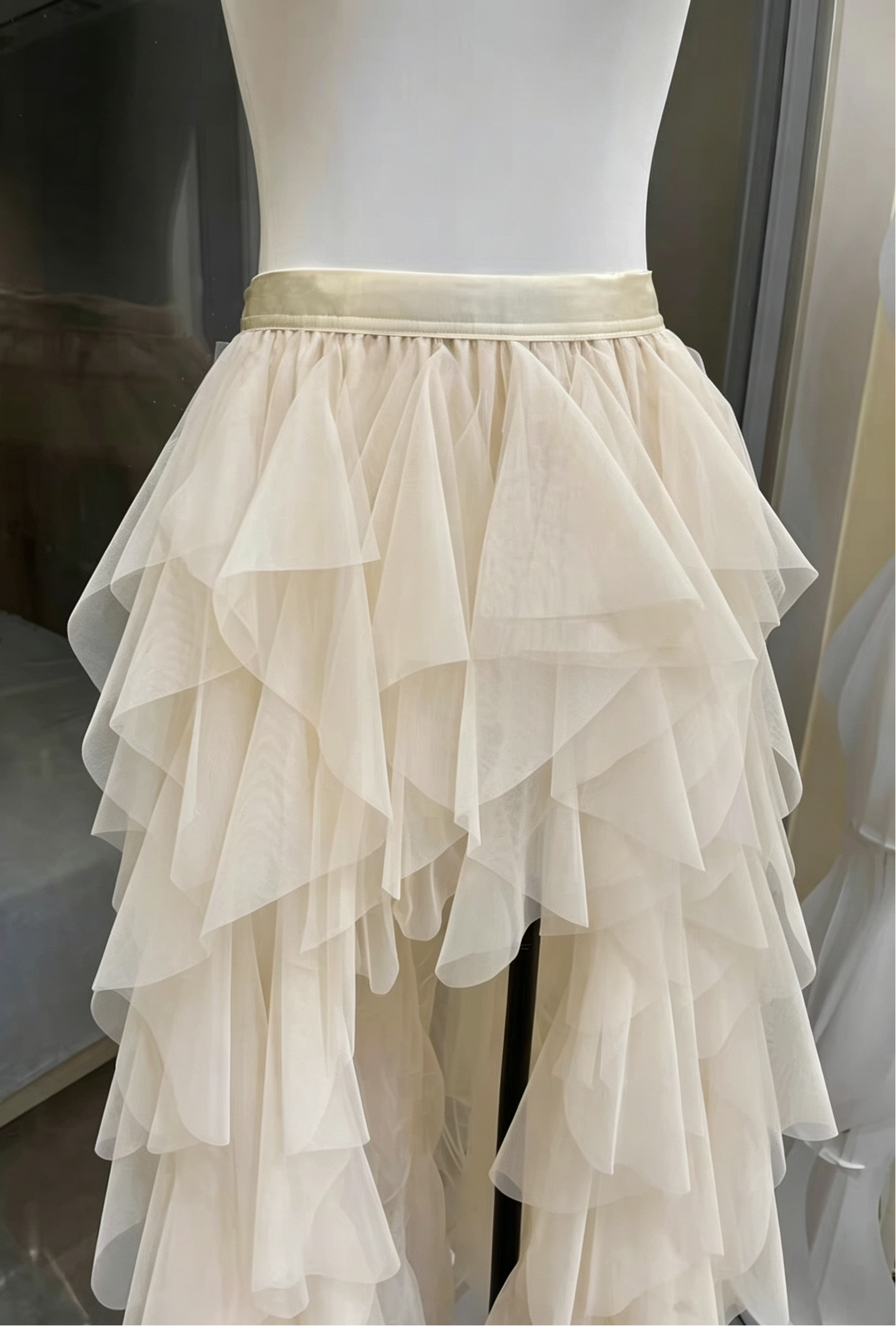 Cream Strapless Pearl Embellished Corset Top & High Low Ruffle Tulle Skirt Set Avalabel