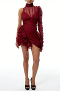 joanne Asymmetrical Ruffled Tulle Mini dress in Burgundy Avalabel