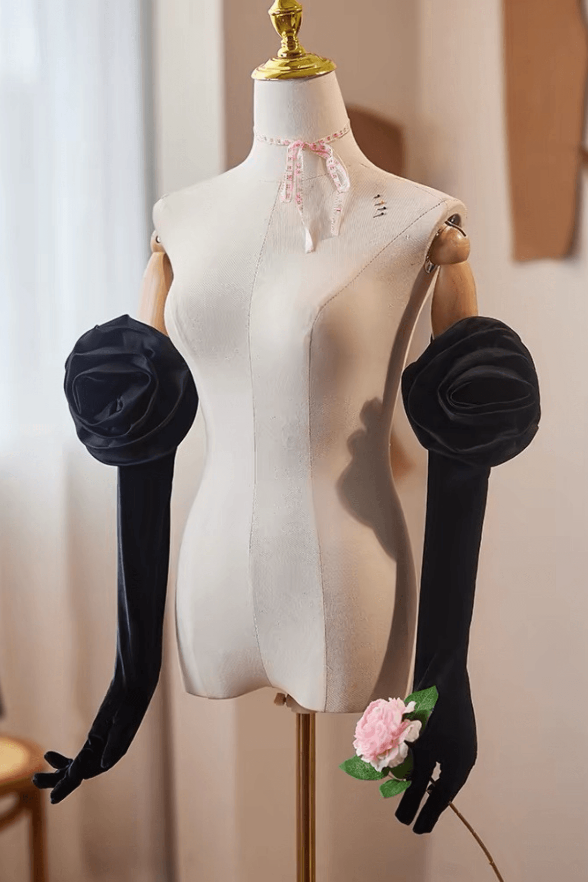 3D Rose Decor Black Velvet Long Gloves Avalabel
