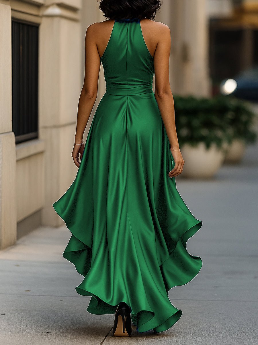 Midnight Elegance Satin Halter Ruffle Gown Avalabel