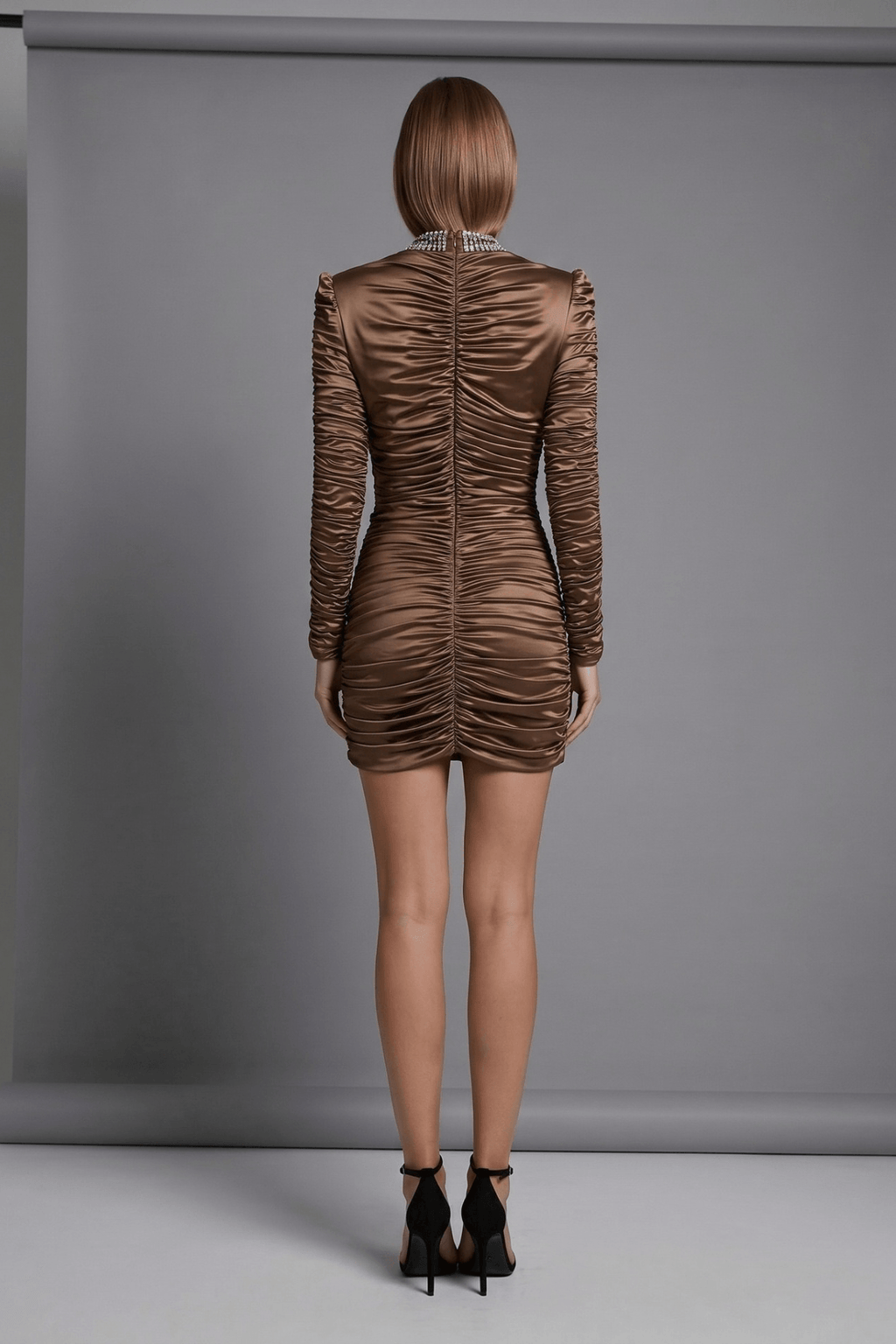 Eden Brown Satin Long Sleeve Ruched Mini Dress Avalabel