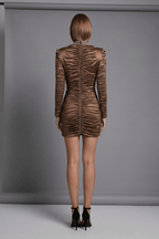 Eden Brown Satin Long Sleeve Ruched Mini Dress Avalabel
