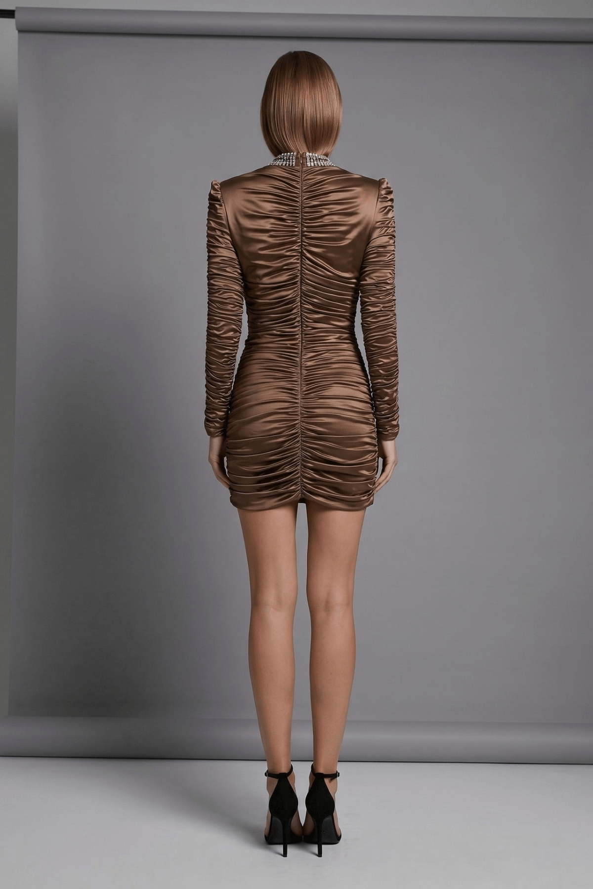Eden Brown Satin Long Sleeve Ruched Mini Dress Avalabel