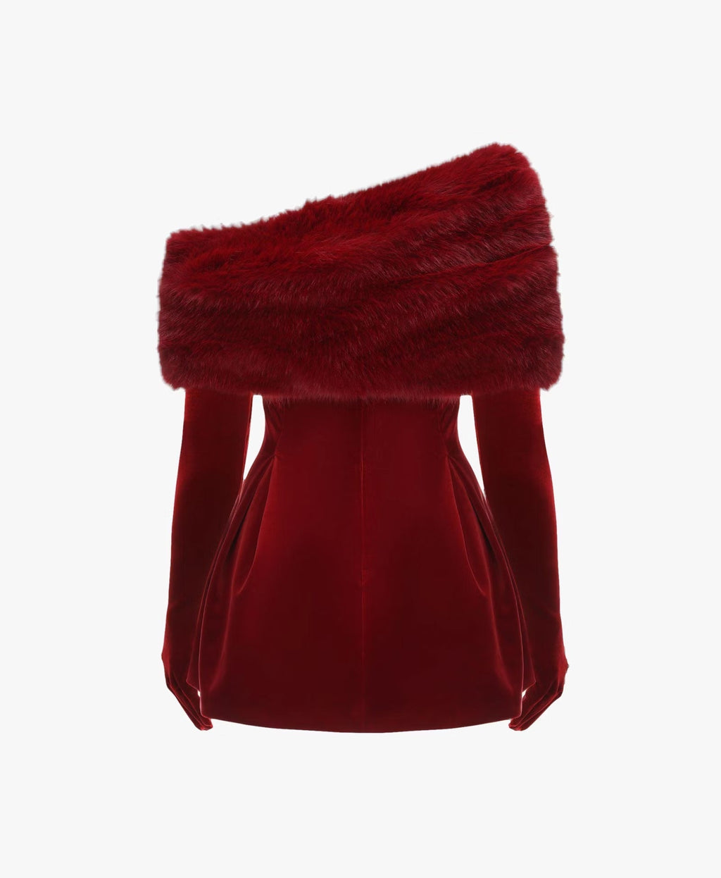 daphne long sleeve fur Velvet mini Dress in red Avalabel