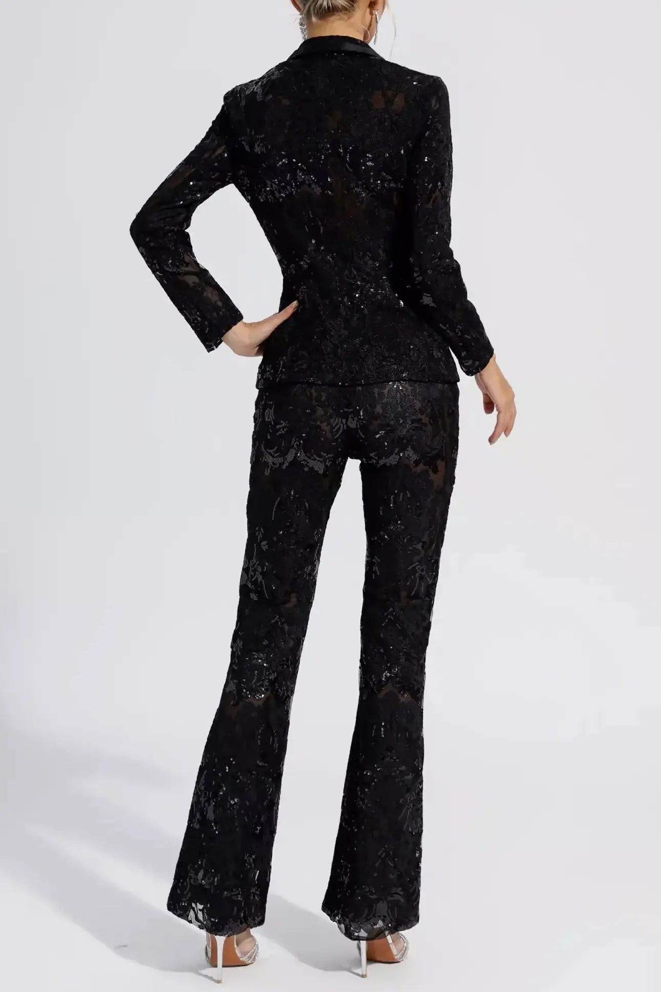vicky Black Cutout floral embroidered Sequin Blazer Set Avalabel