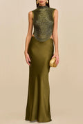 Sleeveless Turtleneck Tassel Paneled Top and Satin Skirt Set in green Avalabel