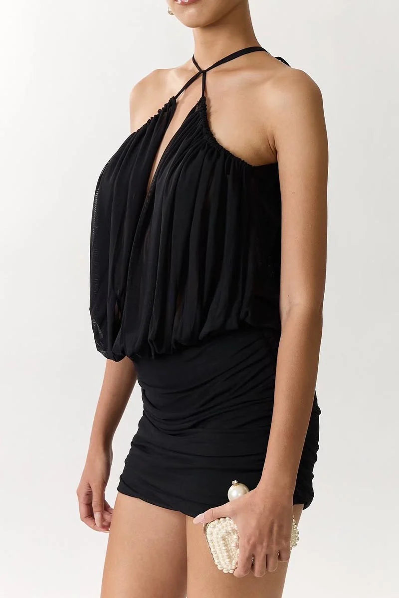 Cheryl Ruched Halter Bodycon Mini Dress in Black Avalabel