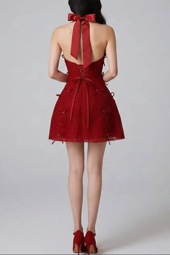 Pandora Lace Bow Backless Halter Mini Dress in Red Avalabel