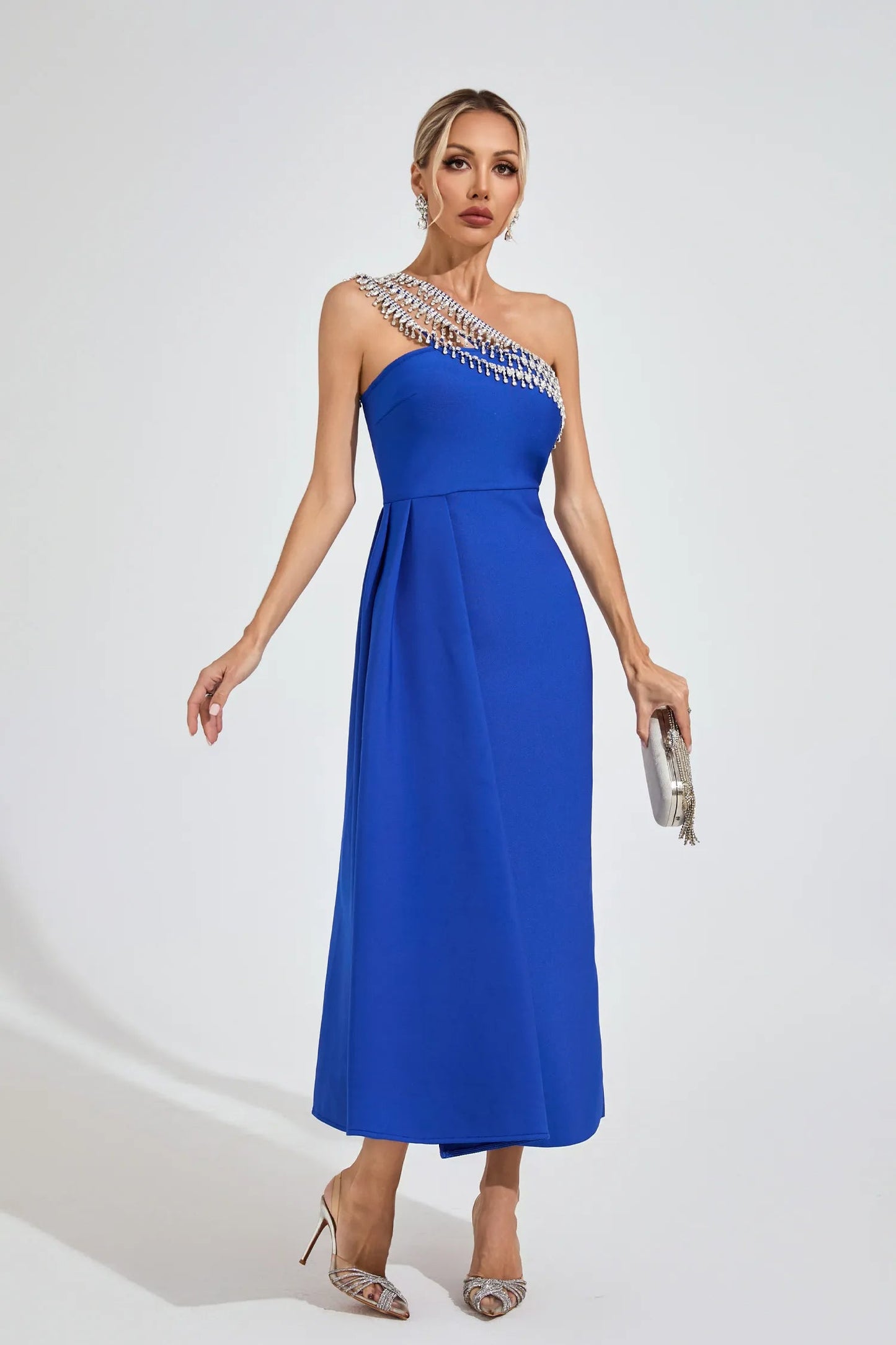 Philipppa Diamond Embellished Strapless Maxi Dress in Blue