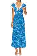 Lyuba Polka Dot Lace-Trimmed V-Neck Maxi Dress in Blue Avalabel