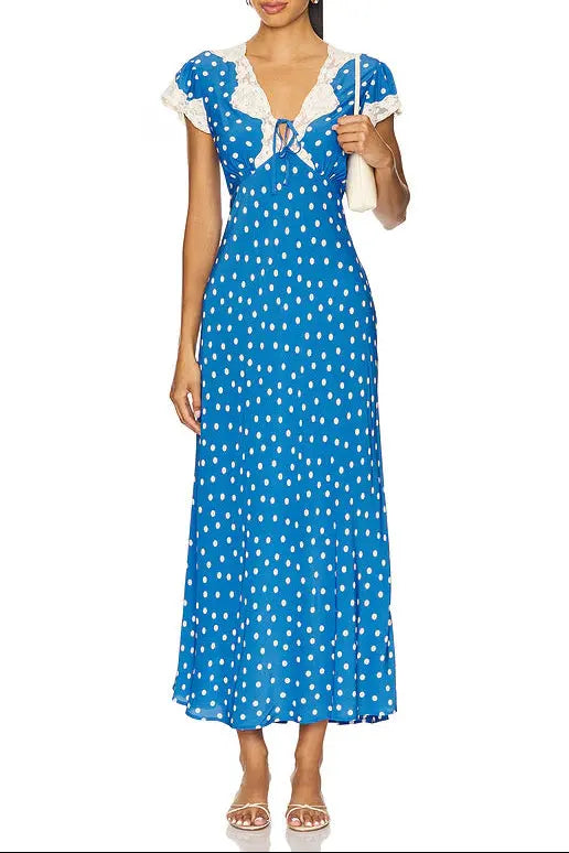 Lyuba Polka Dot Lace-Trimmed V-Neck Maxi Dress in Blue Avalabel