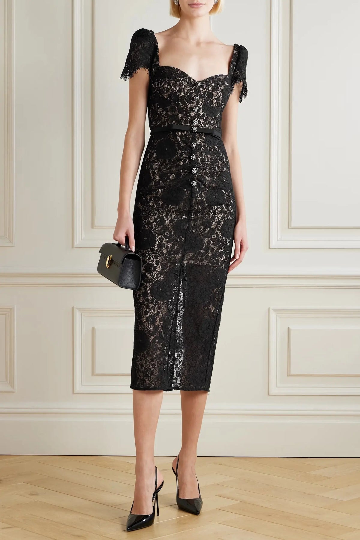 helen black Belted embellished cotton-blend lace midi dress Avalabel