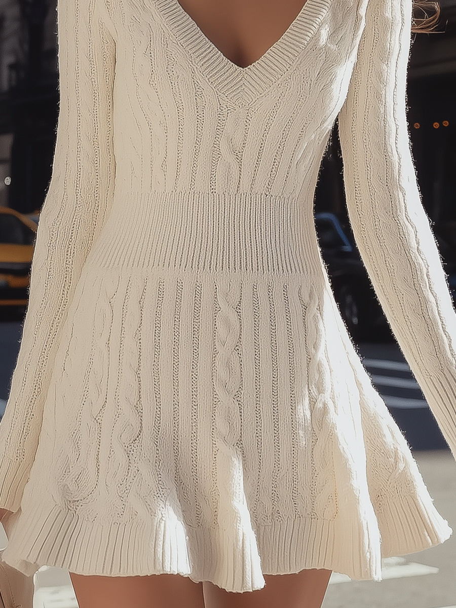 Cozy Cable Knit Sweater Dress With V-Neck And Flare Hem Avalabel