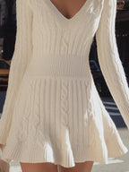 Cozy Cable Knit Sweater Dress With V-Neck And Flare Hem Avalabel