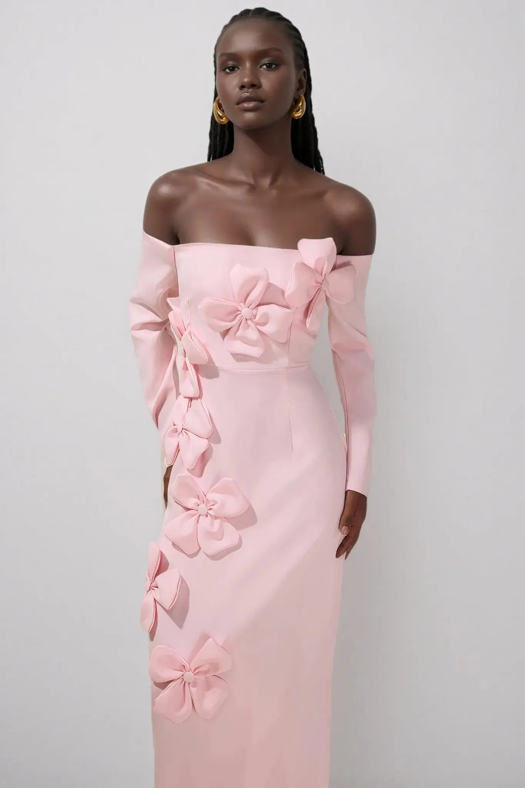 hilary Pink 3D Flower long sleeve strapless Midi Dress Avalabel
