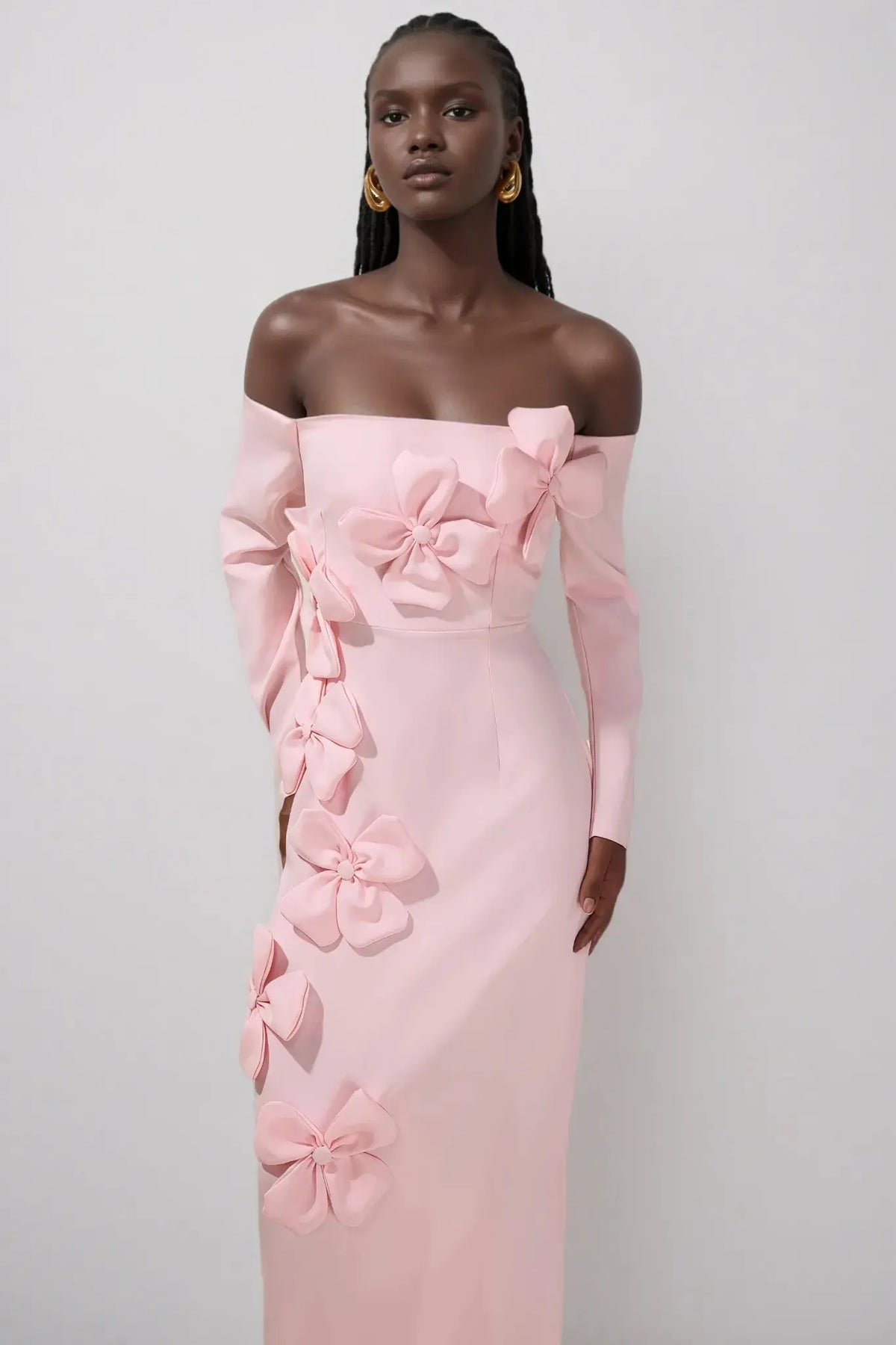 hilary Pink 3D Flower long sleeve strapless Midi Dress Avalabel