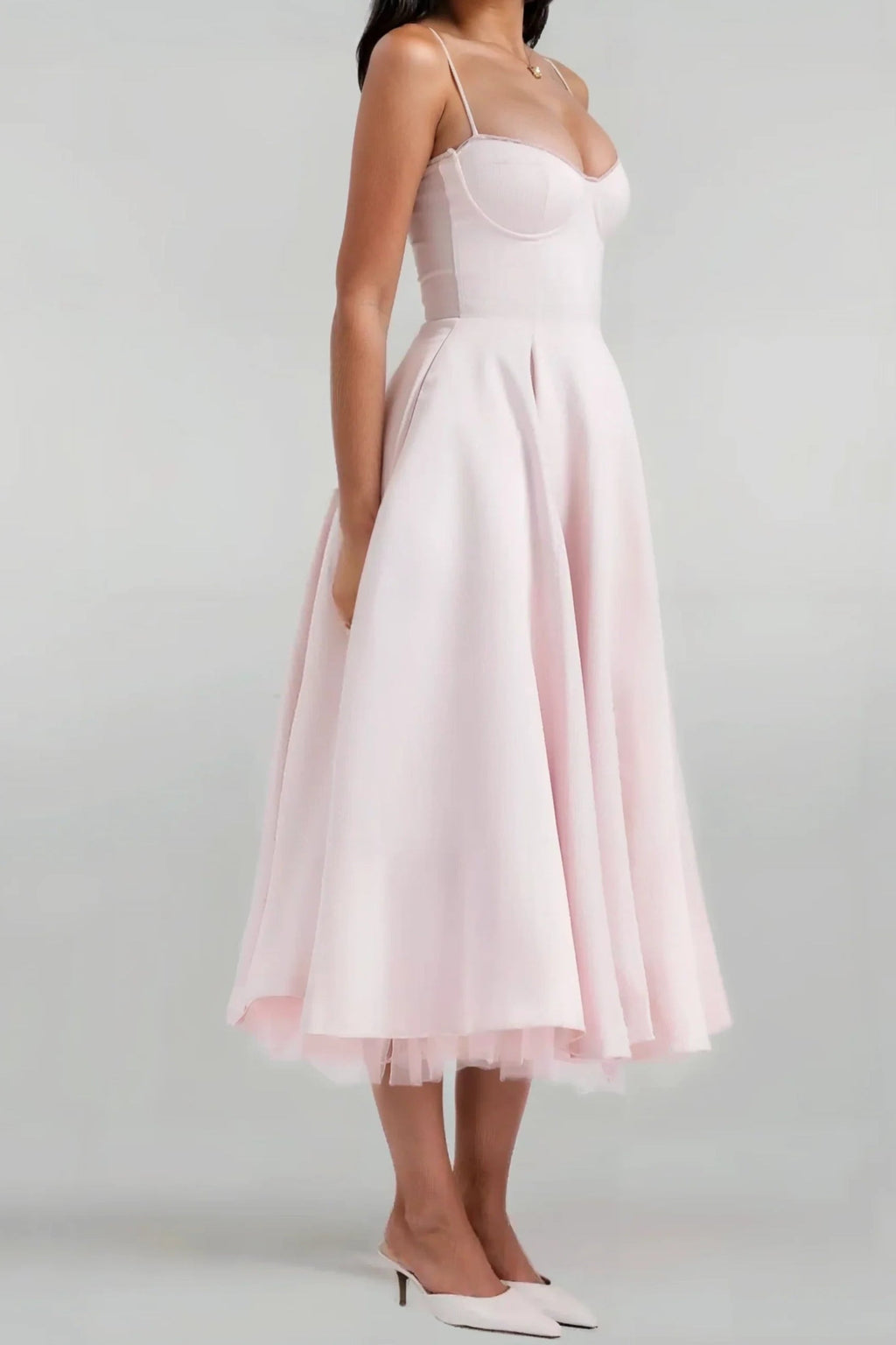 Satin Corset Tulle Layered A-Line Midi Dress - Baby Pink Avalabel