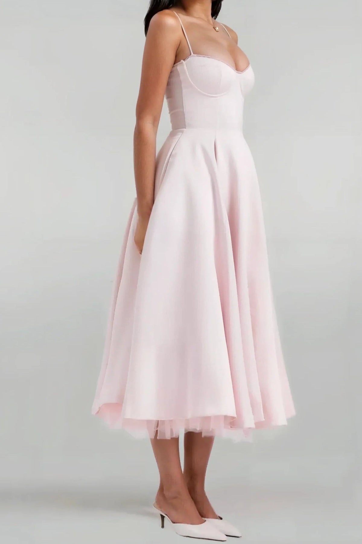 Satin Corset Tulle Layered A-Line Midi Dress - Baby Pink Avalabel