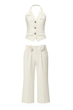 Halter Neck Vest Flower Embellished Pants Suit in Ivory Avalabel