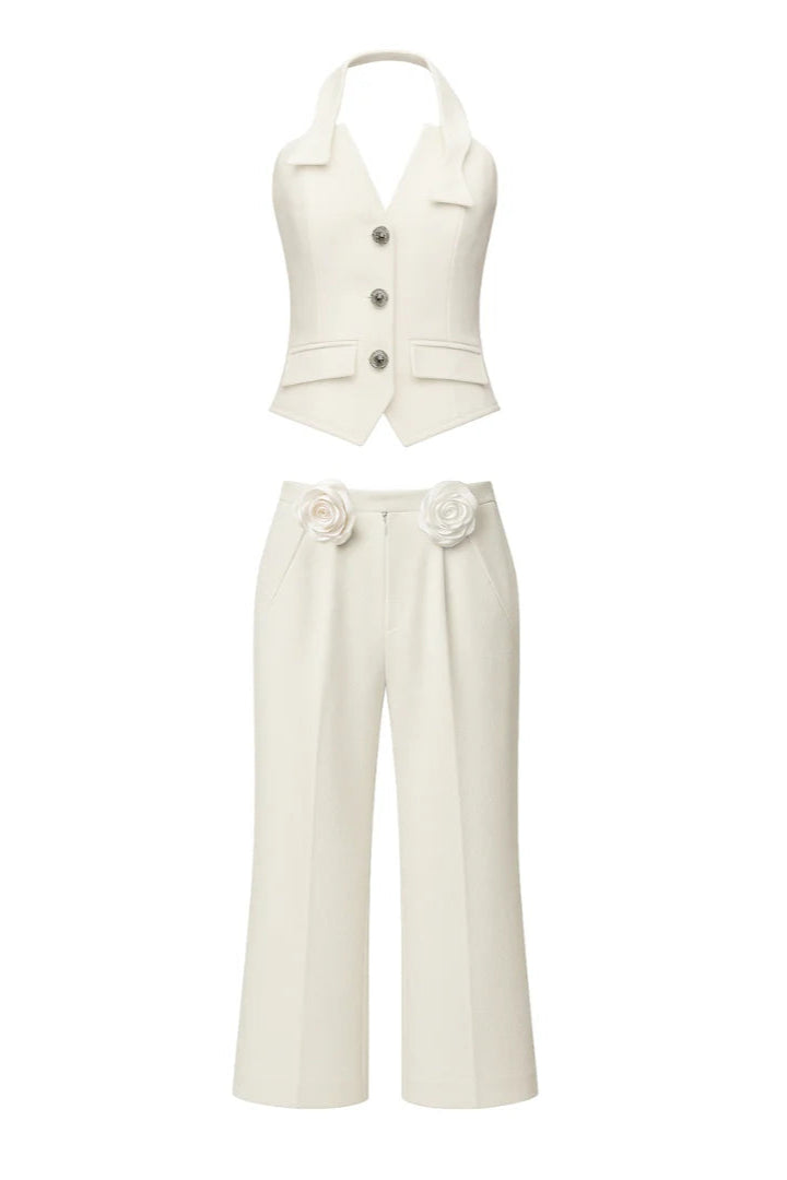 Halter Neck Vest Flower Embellished Pants Suit in Ivory Avalabel