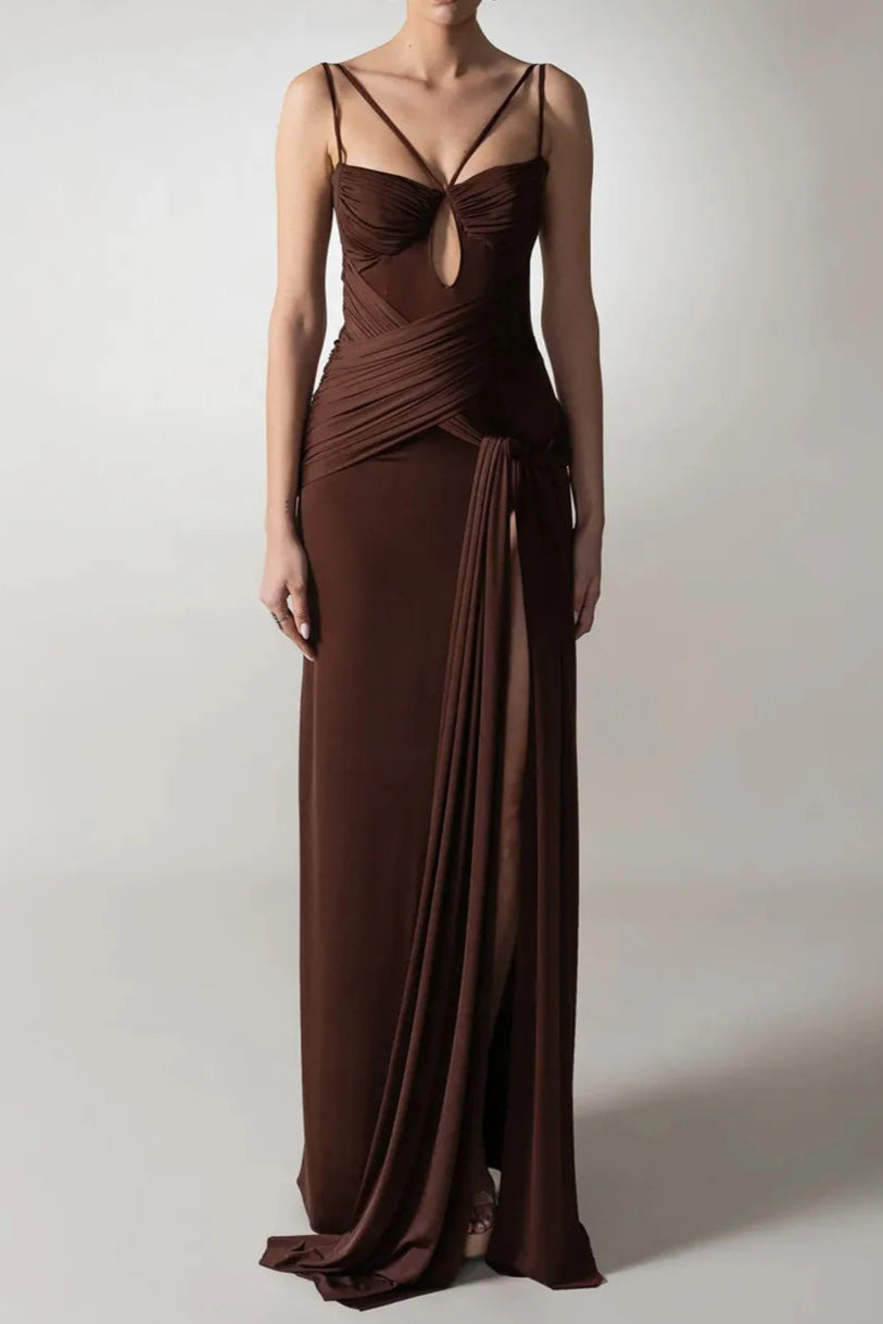 Pleated Strappy Draped Slit Maxi Dress in Brown Avalabel
