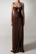 Pleated Strappy Draped Slit Maxi Dress in Brown Avalabel
