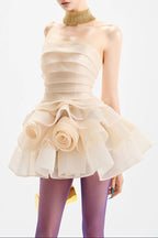 coral off-shoulder layer trim flower mini dress in apricot Avalabel