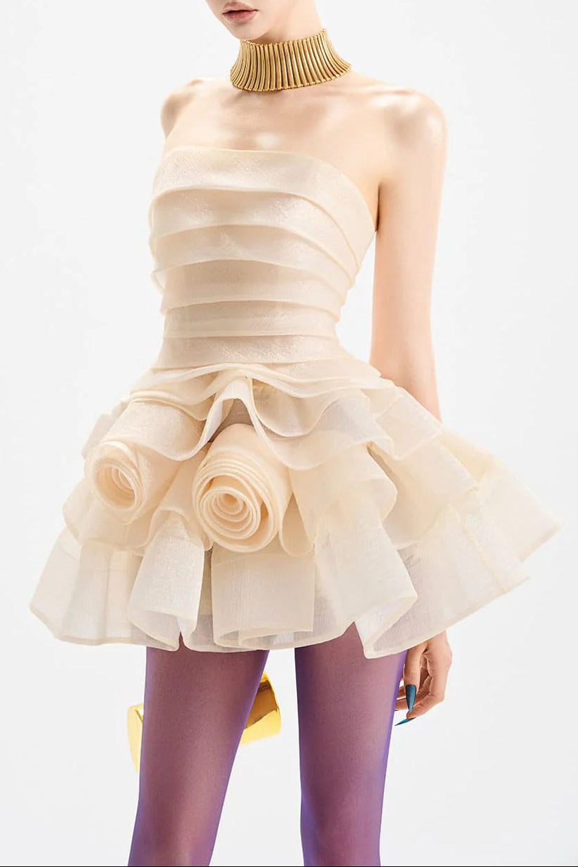 coral off-shoulder layer trim flower mini dress in apricot Avalabel