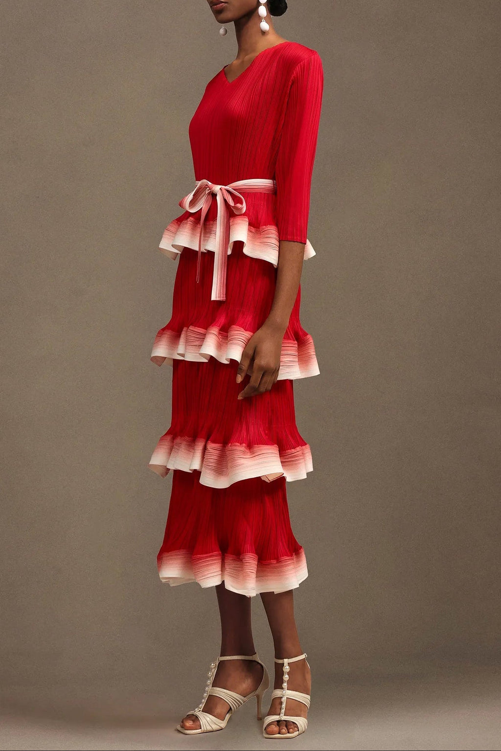 victoria Pleated Round Neck Long Sleeve Falbala Woven Maxi Dress in red Avalabel