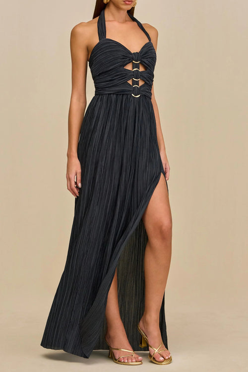 bonnie halter pleated cutout maxi dress in navy blue Avalabel
