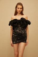 freda off-shoulder Lace pleated bodycon mini dress in black Avalabel