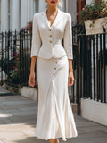 Elegant Textured Buttoned Blazer & Midi Skirt Set Avalabel