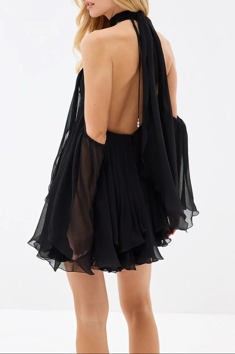 Erica Halter Neck Lace-Up Backless Mini Dress - Black Avalabel