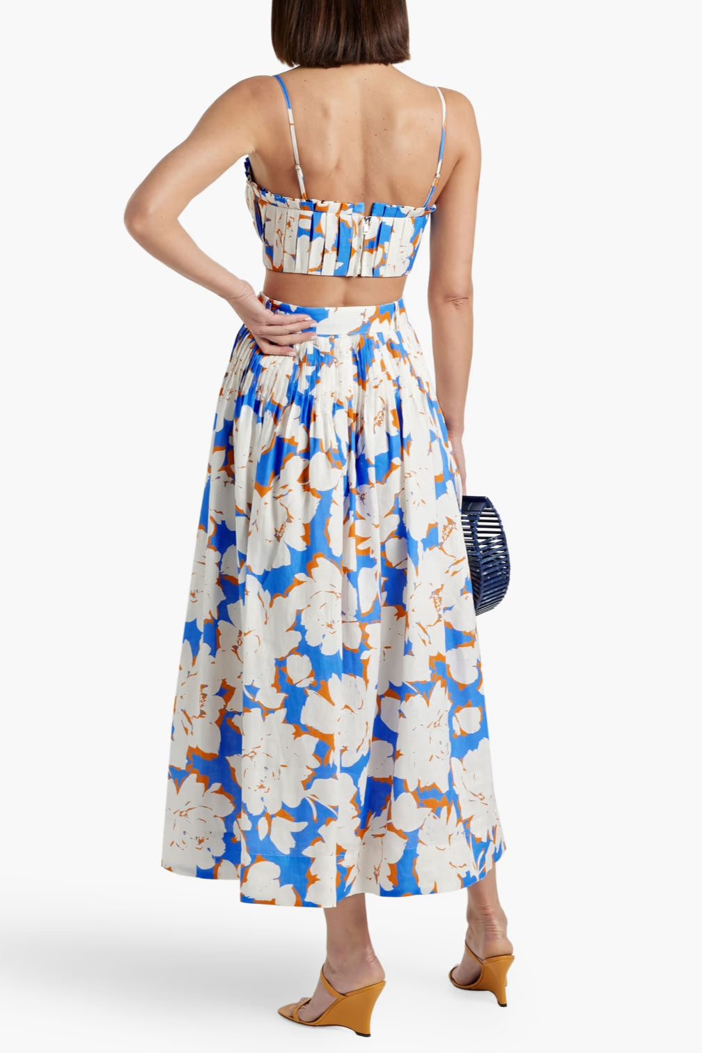 Pleated Floral-Print Linen Bustier Top Skirt Set in Blue Avalabel