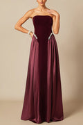 samantha burgundy Pearls Embroidered strapless maxi Dress Avalabel