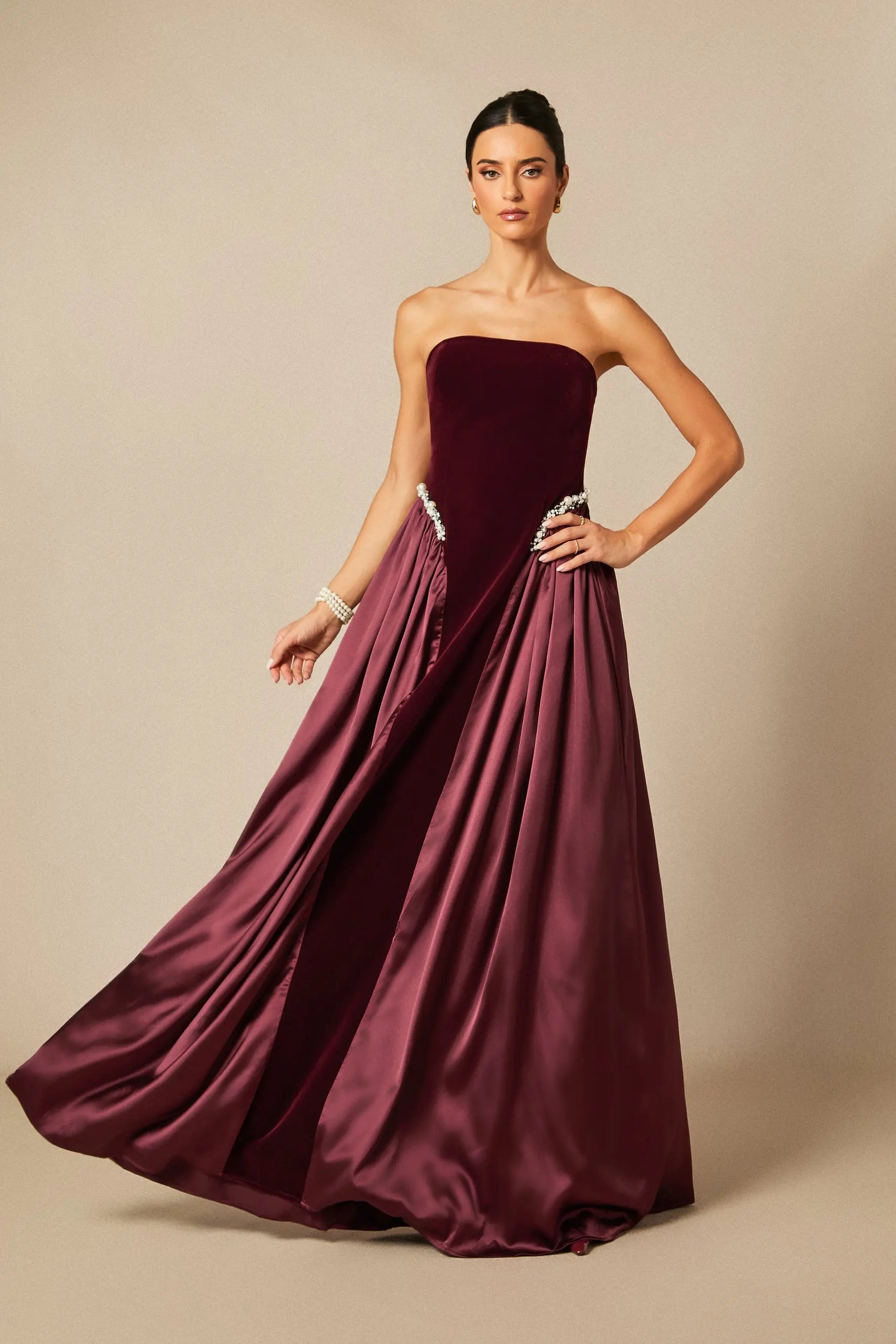 samantha burgundy Pearls Embroidered strapless maxi Dress Avalabel