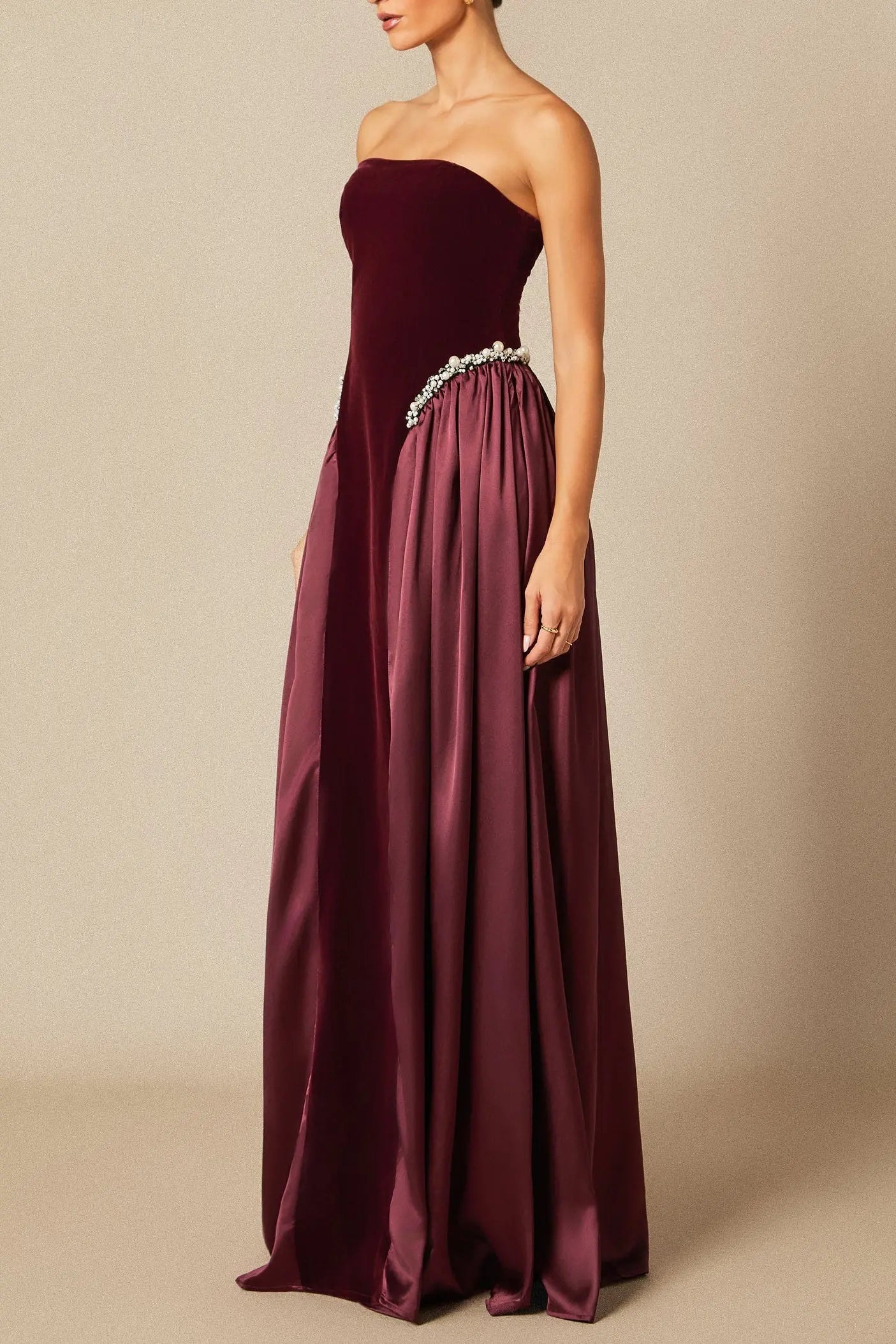 samantha burgundy Pearls Embroidered strapless maxi Dress Avalabel