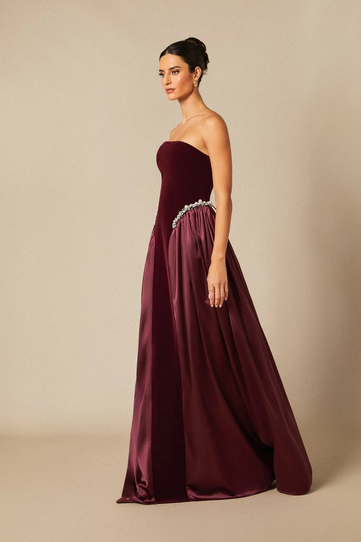 samantha burgundy Pearls Embroidered strapless maxi Dress Avalabel