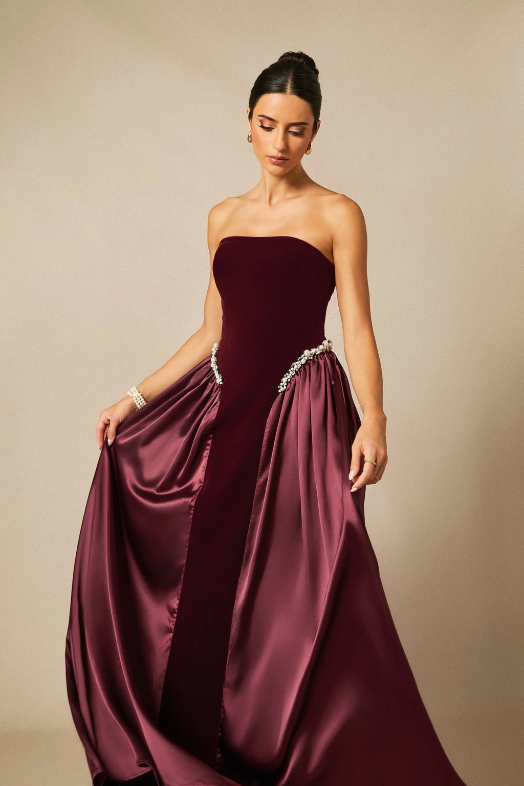 samantha burgundy Pearls Embroidered strapless maxi Dress Avalabel