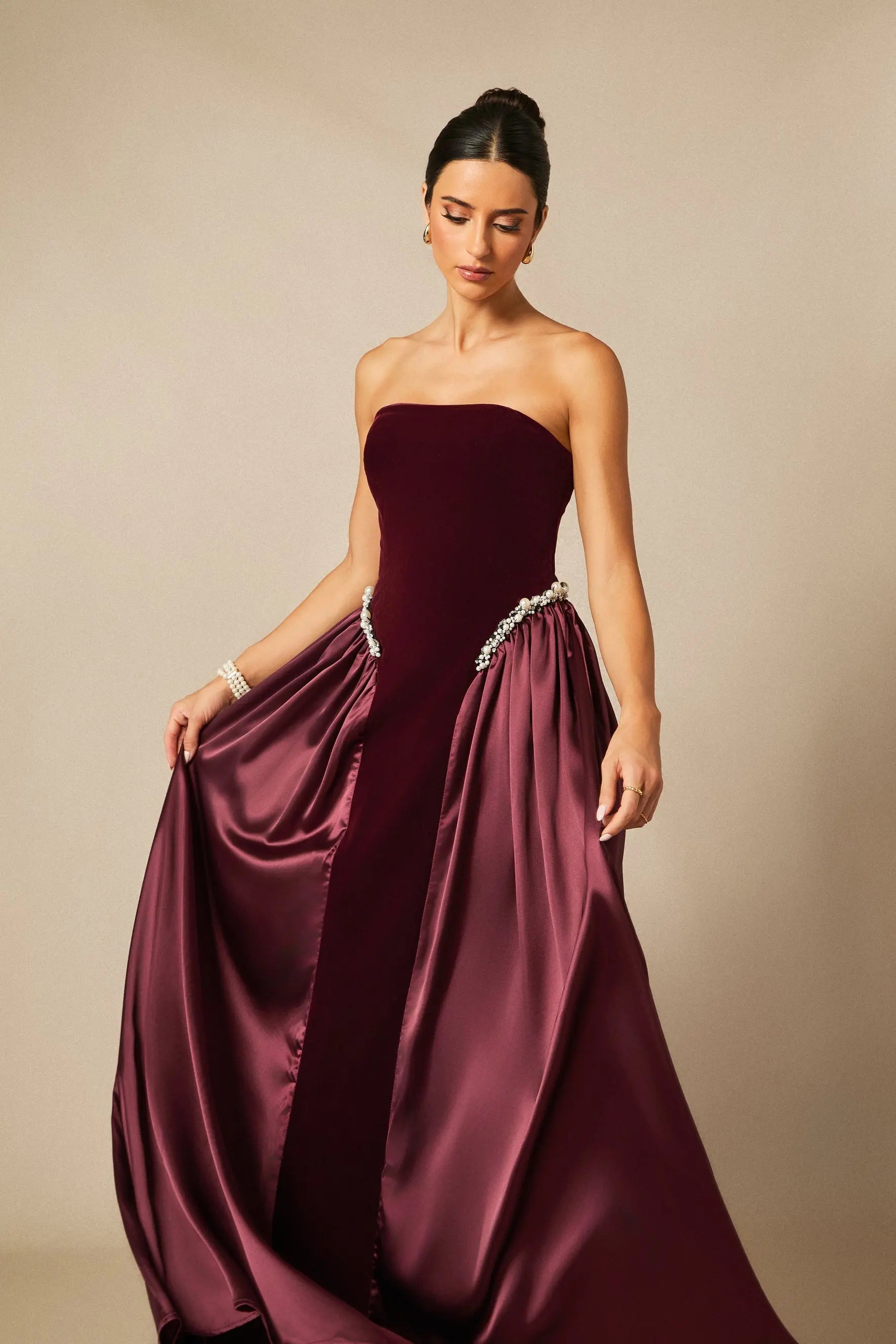 samantha burgundy Pearls Embroidered strapless maxi Dress Avalabel