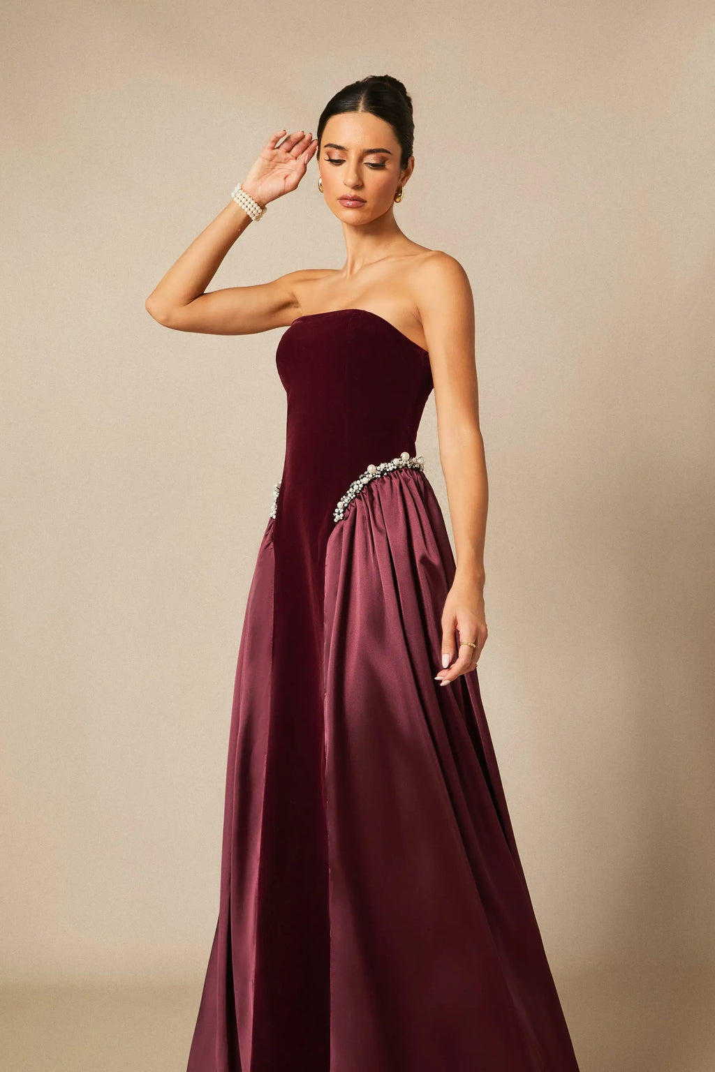 samantha burgundy Pearls Embroidered strapless maxi Dress Avalabel