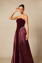 samantha burgundy Pearls Embroidered strapless maxi Dress Avalabel